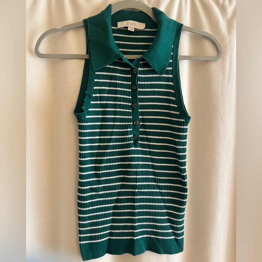 LOFT Green & White Striped Polo Knit Tank Medium